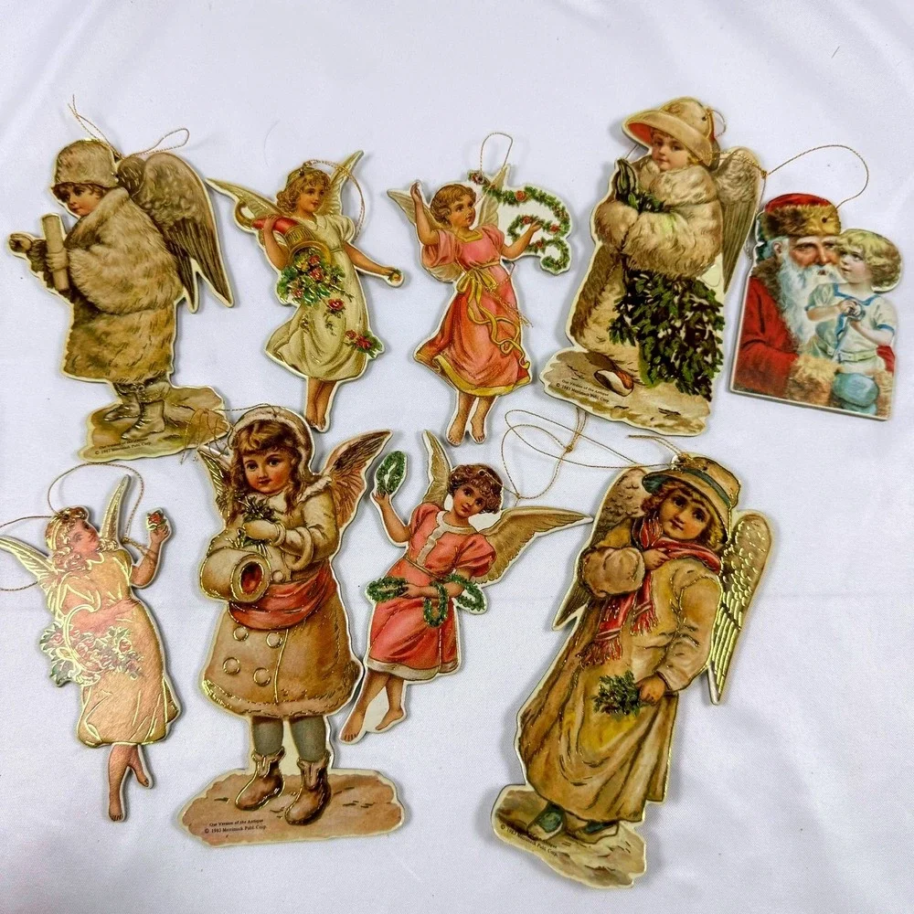 Vintage 70s 80s Merrimack Victorian Style Paper Christmas Ornaments Set 9pc